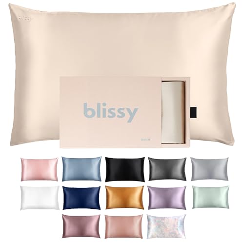 BLISSY Silk Pillowcase - 100% Pure Mulberry Silk - 22 Momme 6A High-Grade Fibers - Satin Pillow Cover for Hair & Skin - Regular, Queen & King with Hidden Zipper, Standard