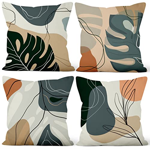 "Vie Savaran 4 Pcs/Set Leaves Throw Pillow Covers Abstract Mid Century Spring Boho Geometric Lines Plants Minimalist Linen Cushion Case for Couch Sofa Bedroom Decorative, 18""x18"""