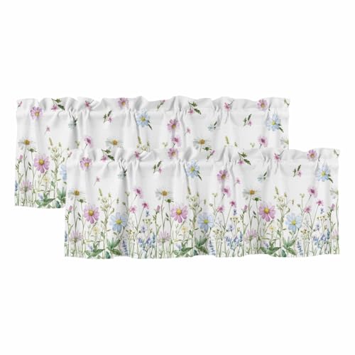 "YOKOU Curtain Valance, Wildflowers Spring Watercolor Flower Floral Print Plants Short Rod Pocket Window Treatment for Living Room, Bedroom, Kitchen, Bathroom, 2 Panel, 54"" W x 18"" L"