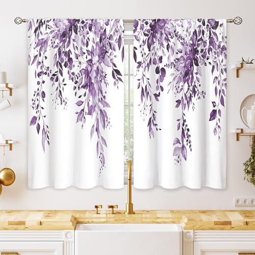 oolygoo Eucalyptus Botanical Leaves Purple Floral Kitchen Window Curtains Over Sink Farmhouse Flower Leaf Small Window Treatment Cafe Short Curtains for Bathroom Treatment Tier Drapes 26x24 inch