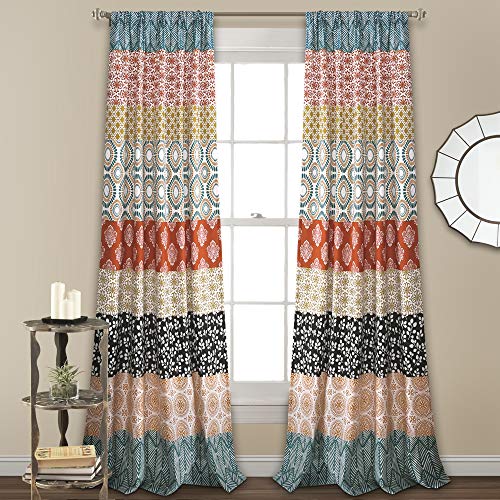 "Lush Decor Bohemian Stripe Window Curtain Panel Pair, 84"" x 52"", Turquoise & Orange"