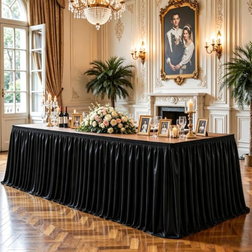 PARTISKY 9ft Length Black Satin Table Skirt for Rectangle Tables-Wrinkle Resistant Ruffle Table Skirting Glitter Desk Cover Skirt for Wedding Birthday Party Office School Dorm Desk Trade Show Decor