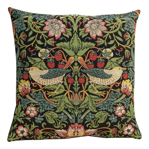 William Morris Strawberry Thief B Black Tapestry Throw Pillow Cover 18x 18 - Patterned Decorative Throw Pillows Cover Woven Jacquard Artwork, Cotton, Viscose and Polyester Blend Decorative for Rooms