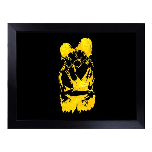 Lap Tray with Bean Bag Cushion, Banksy In Gold Kissing Policemen Graffiti - Handmade in the UK, Raised Wooden Edge, Padded Cushion, Heat-Resistant Wipe-Clean Surface, for Meals, Laptops and Crafts