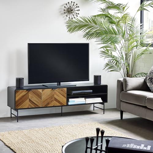 "Julian Bowen Alvin TV Stand - Black TV Unit for up to 65"" TVs with Doors and 2 Open Shelves, Retro Dark Wood Effect Chevron Design - W 150 x H 52cm"