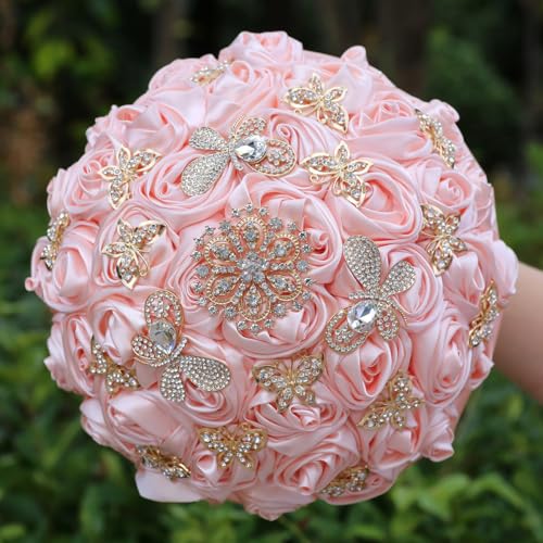 "Mhojpik Handmade Wedding Flowers Bouquet Round Holding Bridal Bouquet Toss Artificial Rose Bunch for Bride Bridesmaid Wedding Quinceanera (Light Salmon, 8.7"")"