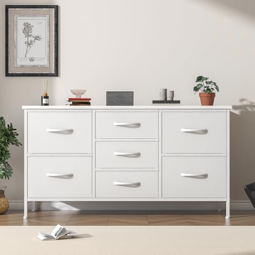 Feonase Chest of Drawers,Bedroom Dresser with 7 Fabric Drawers, Metal Frame & MDF Wood Top, Adjustable Feet, Storage Organizer Unit for Bedroom, Closet, Living Room, Office Hallway, White