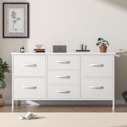 Feonase Chest of Drawers,Bedroom Dresser with 7 Fabric Drawers, Metal Frame & MDF Wood Top, Adjustable Feet, Storage Organizer Unit for Bedroom, Closet, Living Room, Office Hallway, White