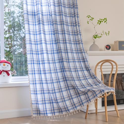 Erbnaryx Plaid Curtains 102 Inch Length, Light Filtering Window Drapes with Rod Pocket and Handmade Tassels, 2 Panels, Tartan Curtains for Living Room Bedroom,Blue