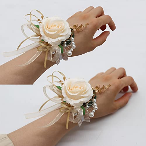 Yokoke 2 Corsages, Handmade Artificial Peony Rose Wrist Corsage Wristlet Wedding Prom Suit Decorations (2 Gold Wrist Corsage)