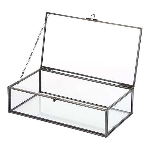 Hipiwe Glass Keepsakes Display Box with Lid - Decorative Black Glass Box - Clear Rectangle Storage for Trinket Perfume Cards Gift