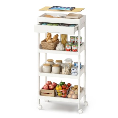 SONGMICS 4-Tier Rolling Storage Trolley with Removable Tray and Drawer - Serving Utility Cart, Plastic Shelves, Easy Assembly, for Kitchen, White and Golden Oak, BENCO Collection BSC070W101