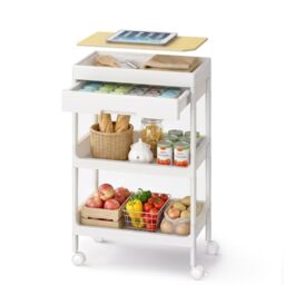 SONGMICS 4-Tier Storage Trolley, Rolling Trolley on Wheels, Serving Utility Cart with Removable Tray, Drawer, and Plastic Shelves, Easy Assembly, for Kitchen, White and Golden Oak BSC070W101