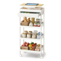 SONGMICS 4-Tier Rolling Storage Trolley with Removable Tray and Drawer - Serving Utility Cart, Plastic Shelves, Easy Assembly, for Kitchen, White and Golden Oak, BENCO Collection BSC070W101