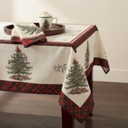 "Spode - Fabric Tablecloth, Holiday Home Decor Christmas Tree Tartan Collection, 60"" x 144"""