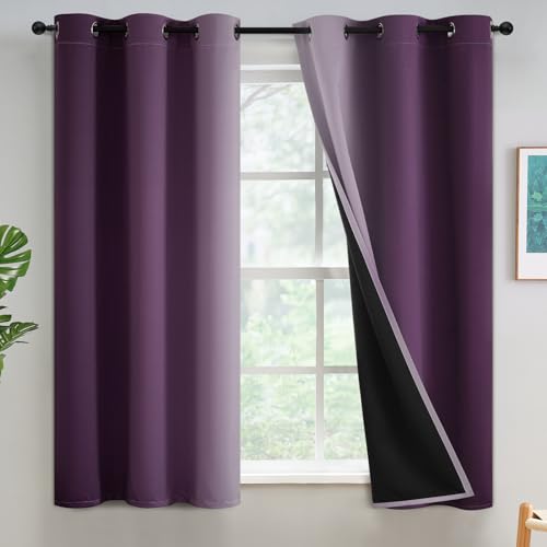 Yakamok 100% Blackout Ombre Purple Curtains 54 inches Long for Bedroom - Room Darkening Curtain for Living Room Grommet Light Blocking Thermal Insulated Gradient Drapes???2 Panels???42W x54L