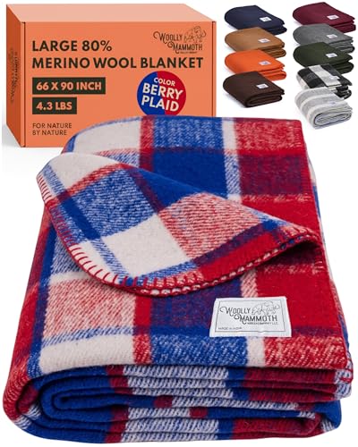 "Woolly Mammoth Merino Wool Blanket- 66"" x 90"" 4 lbs Thick, Outdoor/Indoor Throw for Campfire, Picnic, Beach, Van Life, Home- Farmhouse Collection Heavy Duty Insulating Sleep Plaid, Red White & Blue"