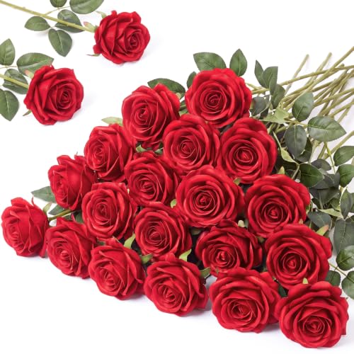 Hotop 20 Pcs Artificial Rose Flowers with Long Stem,Real Touch Silk Realistic Plastic Bouquet Roses Bulk for Home Decor Bridal Wedding Party Table Centerpieces Decorations(Red)
