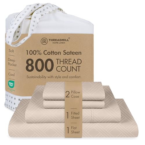 Threadmill Luxury Full Size Sheets for Full Size Mattress - 800 Thread Count Cotton sheets - Jacquard Celine Light Beige - Better Than Egyptian Cotton- 4 Pc Bed Sheets - with Elasticized Deep Pocket
