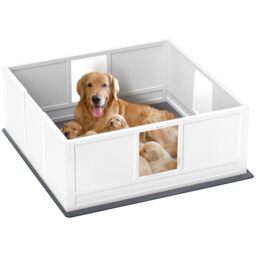 PawHut Dog Whelping Box with Whelping Pad, Adjustable Entrance, 124 x 120cm - Dog Whelping Box, Pet Playpen Fence Exercise Play Pen, Waterproof Washable Pad, Adjustable Entrance, Non-Slip Pads, Puppies