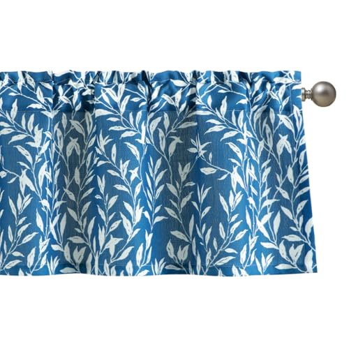 VOGOL Navy Blue Leaf Print Valance for Small Windows, 42 x 18, 1 Panel - Meticulous Botanical Pattern, Soft Touch Fabric, Detailed Stitch Finish, Window Topper for Kitchen Living Dining Room