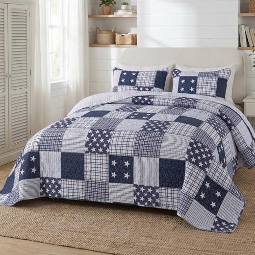 SLPR - Americana Patriotic Quilt Set, Star Bedding, King with 2 Shams - American Flag Themed Comforter Set, White and Blue Quilted Bedspread, Lightweight 4th of July Bedding, Plaid Pattern Quilt