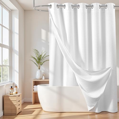 River Dream Cotton Blend No Hook Shower Curtain with Liner, White, 71x78 - with Snap in Liner, Heavyweight Waffle Fabric, Hotel Grade for Bathroom, Water Repellent, Corner Magnets, Machine Washable