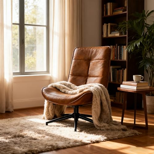 MEUBLE COSY Lounge Chair Comfortable Swivel, Modern Recliner with Adjustable Backrest, Living Room Armchair Height Adjustable, Soft Suede, Metal Legs, Brown