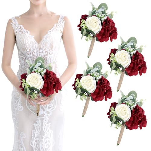 SEMONONIA Artificial Flowers Wedding Bouquets for Bridesmaid - Set of 4 Bridesmaid Bouquet Handmade Burgundy Silk Bouquet for Wedding Ceremony Anniversary, Bridal Shower, Home Table Decorations