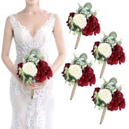 SEMONONIA Artificial Flowers Wedding Bouquets for Bridesmaid - Set of 4 Bridesmaid Bouquet Handmade Burgundy Silk Bouquet for Wedding Ceremony Anniversary, Bridal Shower, Home Table Decorations