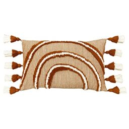 furn. Rainbow Tuft Feather Filled Cushion – Colourful Tufted Tassel Trim Decorative Cotton Pillow (Brick – 30x50cm)