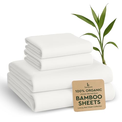 "BAMPURE 100% Rayon from Bamboo Sheets King Size - 4pc Cooling King Sheets - Breathable, Viscose Bamboo Cooling Sheets King Size - up to 16"" Deep Pocket - Ultra Soft Hotel Luxury Bed Sheets - White"
