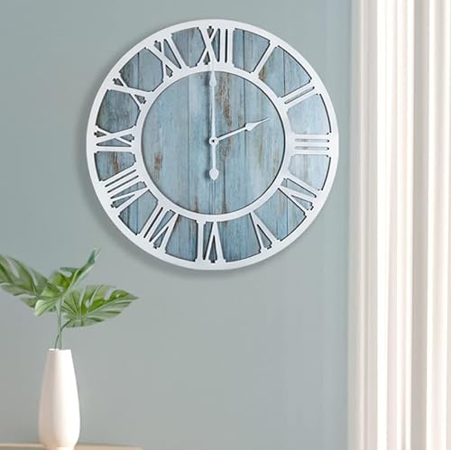 1st owned Wall Clock for Home Decor - 16 Inch Blue Wood Wall Clocks Battery Operated Nearly Silent Little Ticking Simple Minimalist Roman Numbers Clock Decorative for Bedrrom