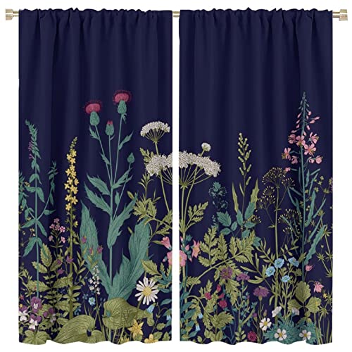 GoDazzling Wildflower Blackout Windows Curtains, Retro Botanical Floral Rustic Flower Herb Print Pattern Rod Pocket Curtains, for Bedroom Living Room 63x63in 2 Panels