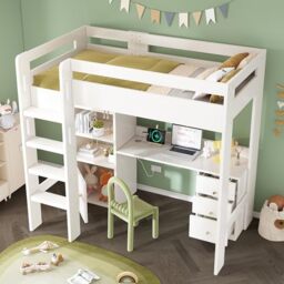 Ball & Cast High Sleeper Kids Bunk Bed Frame Children's Loft Bed with Desk with Drawers&Power Oultet, 4-Tier Bookcase, 3-step ladder, for Children Teenagers, White(90x190cm)