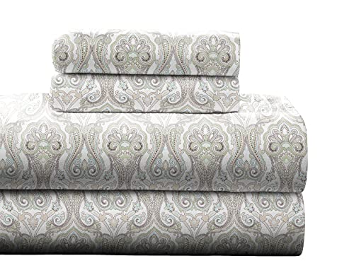 pointehaven Heavy Weight Printed Flannel Sheet Set, Twin XL, Paisley Sage