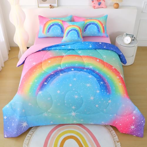 JQinHome Girls Comforter Set Twin, 6 Piece Bed in A Bag 3D Colorful Rainbow Bedding Sets for Teen Girls,with Sheet Sets (Rainbow)
