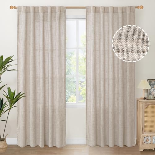 YoungsTex Natural Linen Curtains 84 Inch Length 2 Panels Rod Pocket Light Filtering Textured Window Drapes with Ring Clips for Living Room Dining Bedroom, 38 X 84 Inches