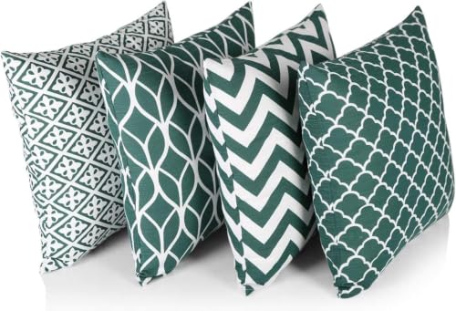Penguin Home Set of 4 100% Slub Cotton Fabric Cushion Covers 45cm x 45cm Double Sided Square Pillow Covers with Invisible Zipper Pillow Cases for Living Room, Bedroom, Sofa (Green)
