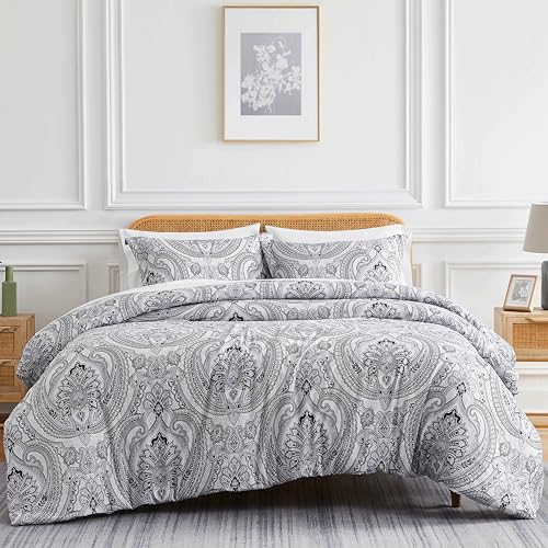 Southshore Fine Living, Inc. Oversized Full/Queen Size Comforter Bedding Set, Boho Bedding, Paisley Bedspread, Full Size/Queen Bed Comforter Set with 2 Matching Shams, Pure Melody Black
