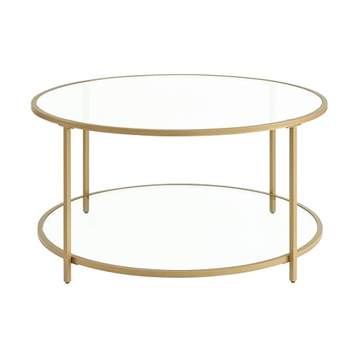 VASAGLE Round Side Table, Small Coffee Table, 2-Tier Tempered Glass End Table with Steel Frame, Bedside Table, with Open Storage Shelf, Modern Style, for Living Room, Bedroom, Gold LGT035A61