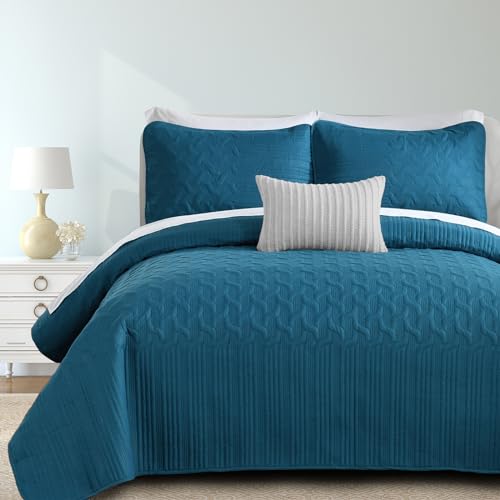 "Teal Blue Quilt Set King Size Lightweight Bedspread Ultrasonic Wave Pattern Soft Microfiber Coverlet for All Season Modern Style 3 Piece Bed Cover Sets with 2 Pillow Shams (106""x96"")"