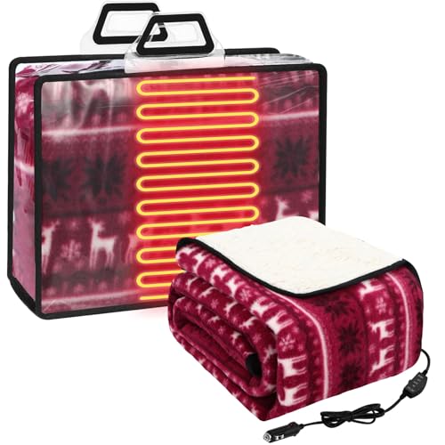 Riakrum 12V Christmas Electric Blanket with 2 Heating Levels Xmas Heated Car Heating Gift Storage Throw Bag Warm Blanket for Car Truck SUV RV and Camping, 58 x 43 Inch(Reindeer)
