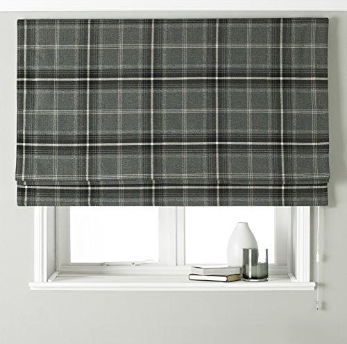 "Aviemore Blackout Roman Blind - Grey - Heritage Tartan Check - Faux Wool Effect - Ready Made (Fittings Included) - 100% Polyester - 153cm width x 137cm drop (60"" x 54"" inches) - Made by Riva"