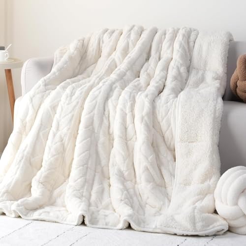 Cottonblue Jacquard Weighted Blanket for Adults Queen Size 17 lbs 60x80 in - Soft Cozy Sherpa Fleece Weighted Blankets Throw for Sleep Calm Relax, Fuzzy Warm Bed Sofa Comfort Heavy Blanket Cream White
