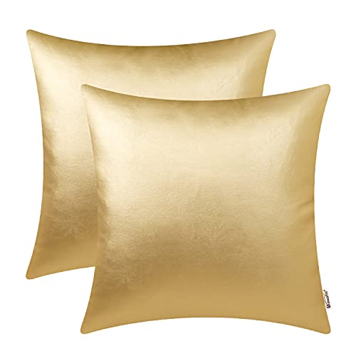 BRAWARM Decorative Throw Pillow Covers, Faux Leather Throw Pillow Cushion Covers, Solid Faux Leather Couch Cases for Living Room Garden Bed, Gold, 50cm x 50cm, Pack of 2