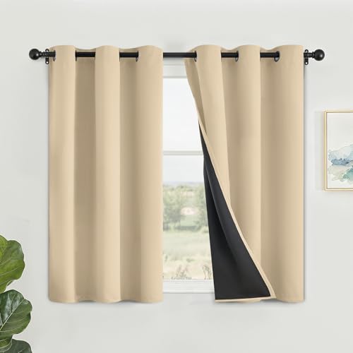 SimpleHome Beige 100% Blackout Curtains Room Darkening Living Room 45 Inch - Curtains for Bedroom,Thermal Insulated Grommet Window Drapes,Curtains for Living Room with Black Back,42 x 45 Inch,2 Panels