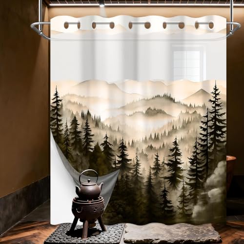 "QGHOT Dark Brown Forest Hookless Shower Curtain with Snap in Liner, Bronze Brown Mountain No Hook Double Layer Shower Curtain and Liner Set, Ringless with Window Waterproof Cloth Fabric, 71""W x 77""L"