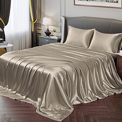 Vonty Satin Sheets Full Silky Soft Satin Bedding Bed Sheets Sand, 1 Deep Pocket Fitted Sheet + 1 Flat Sheet + 2 Pillowcases