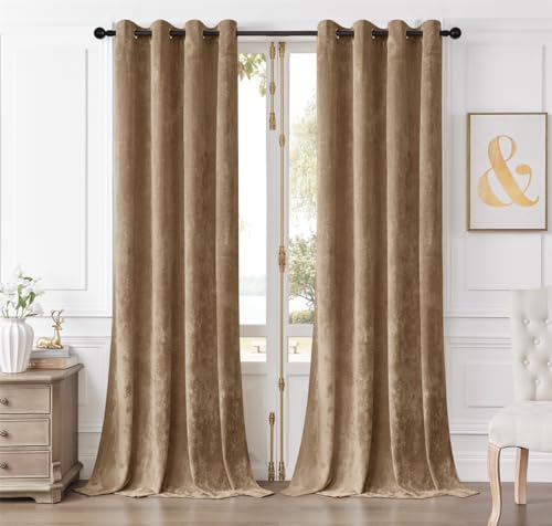 SMILETIME Amber Beige Crushed Velvet Grommet Curtains 52x108 inch Luxurious Thermal Insulated Soundproof Drapes for Living Room Office Soft and Durable Light-Filtering Window Treatments, 2 Panels